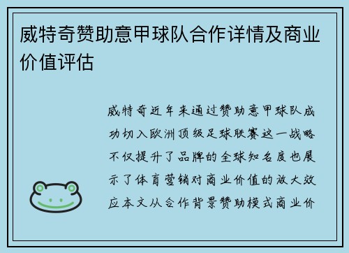 威特奇赞助意甲球队合作详情及商业价值评估