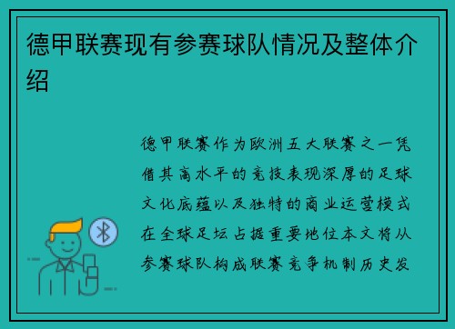 德甲联赛现有参赛球队情况及整体介绍